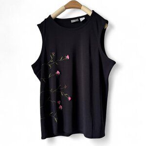 Vintage Black Urban Works tank top with pink flower embroidery